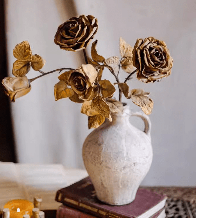 RusticReach French dried-look faux rose stems in a white textured pitcher, 26 in tall on Tampa Home & Garden Store