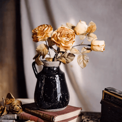 French Dried Look Faux Rose stems in a black ceramic pitcher RusticReach 26 inches tall on Tampa Home & Garden Store