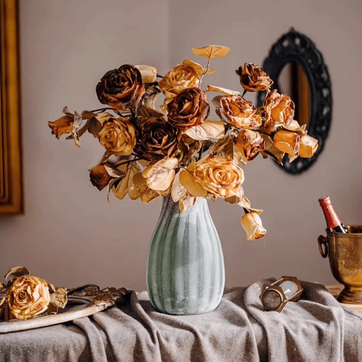 French Dried Look Faux Rose Stem 26-inch Tall RusticReach bouquet in a green vase with golden brown dried roses on Tampa Home & Garden Store