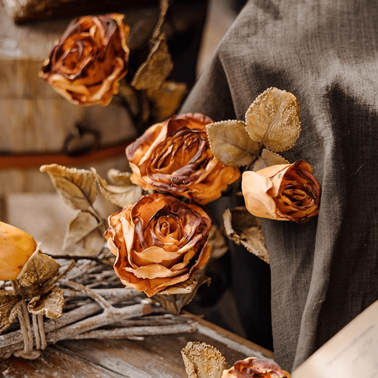 French Dried Look Faux Rose Stem, RusticReach, 26 inches tall with orange-brown petals on Tampa Home & Garden Store