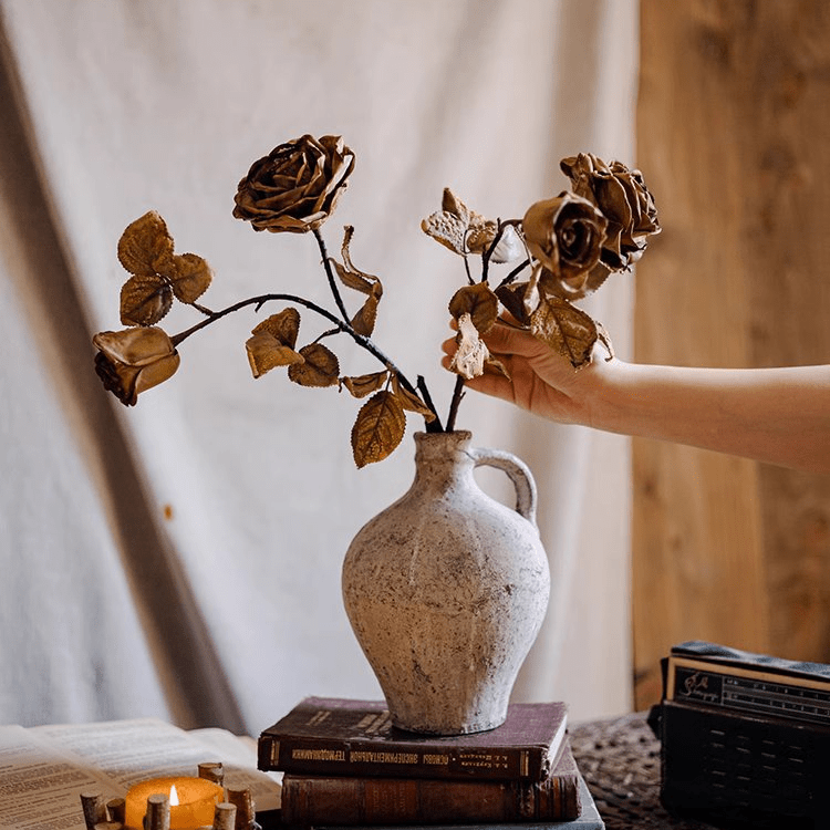 French Dried Look Faux Rose Stem 26in Tall by RusticReach in a ceramic vase with brown roses on Tampa Home & Garden Store