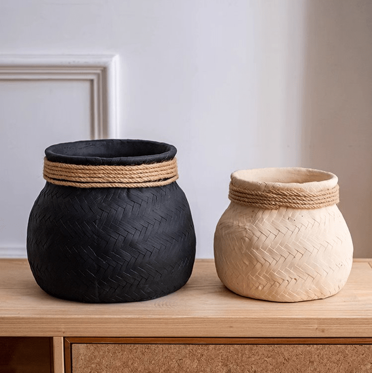 Faux Bamboo Woven Cement Planter pair RusticReach in black and natural with jute rope trim on Tampa Home & Garden Store