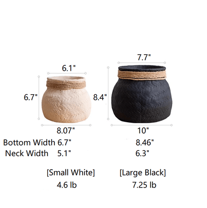 Faux Bamboo Woven Cement Planters by RusticReach, set of 2 white and black with rope trim on Tampa Home & Garden Store