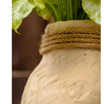 Faux Bamboo Woven Cement Planter by RusticReach beige cement with rope-wrapped neck on Tampa Home & Garden Store