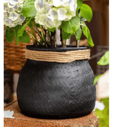 Faux Bamboo Woven Cement Planter in black with natural jute wrap RusticReach on Tampa Home & Garden Store