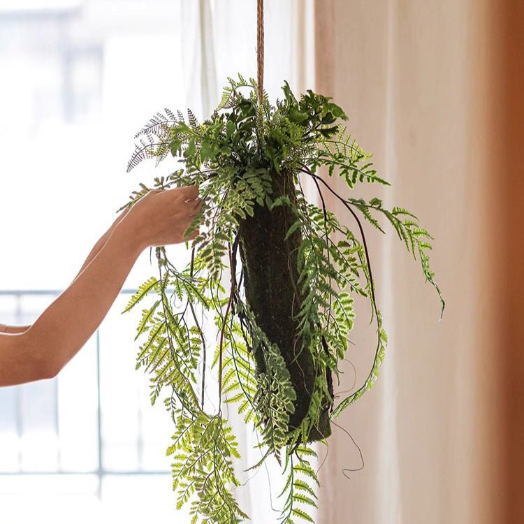 Artificial Fern Hanging Ball Decoration by RusticReach with lush green trailing ferns on Tampa Home & Garden Store