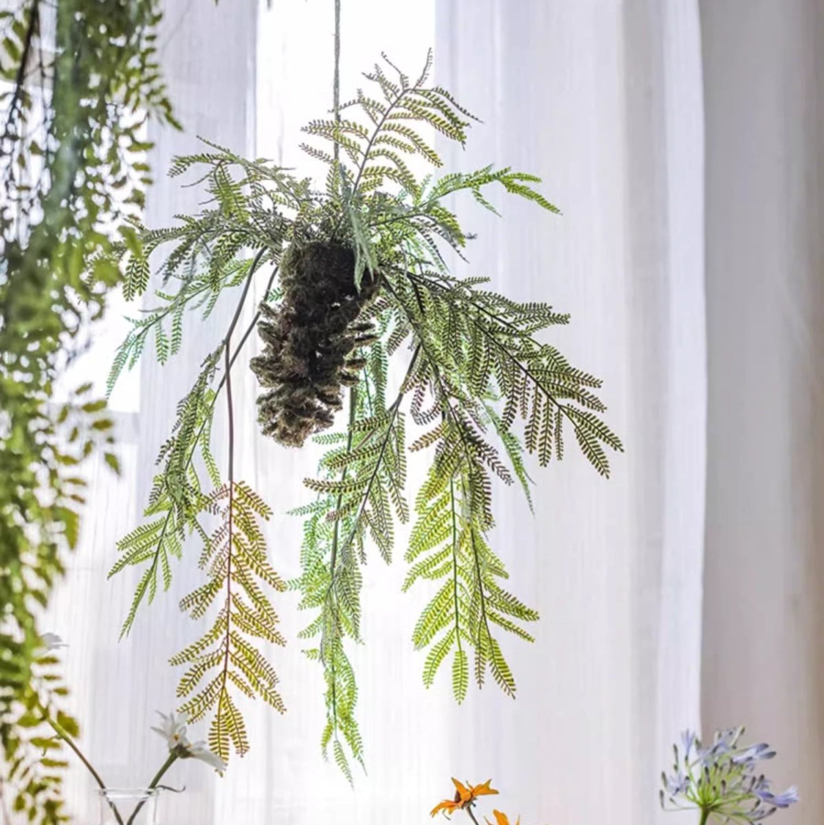 Artificial Fern Hanging Ball Decoration by RusticReach, green synthetic fern fronds hanging on Tampa Home & Garden Store