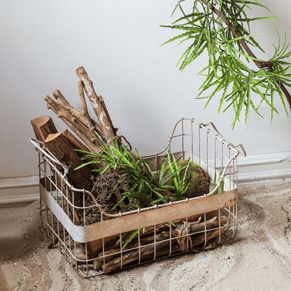 Artificial ferns vine stem 39 in long green in a metal wire basket with wood logs RusticReach on Tampa Home & Garden Store