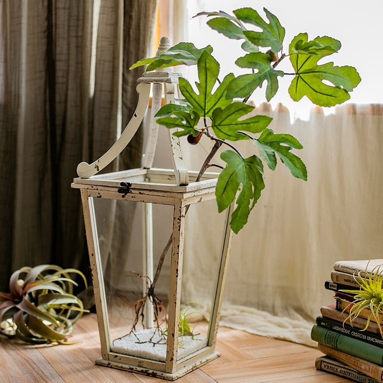Artificial Faux Fig Leaf Stem in white lantern with green leaves by RusticReach on Tampa Home & Garden Store