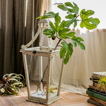 Artificial Faux Fig Leaf Stem in white lantern with green leaves by RusticReach on Tampa Home & Garden Store