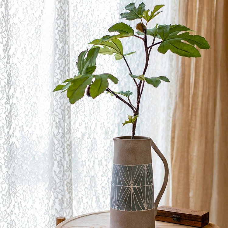 Artificial Faux Fig Leaf Stem in RusticReach vase with top and blue band, green leaves on Tampa Home & Garden Store