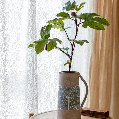 Artificial Faux Fig Leaf Stem in RusticReach vase with top and blue band, green leaves on Tampa Home & Garden Store