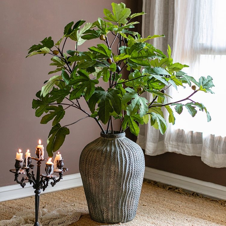 Artificial fig leaf stem in a textured gray vase by RusticReach with lush green leaves on Tampa Home & Garden Store
