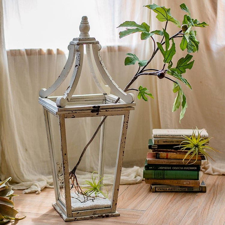 Artificial Faux Fig Leaf Stem RusticReach in a distressed white lantern centerpiece on Tampa Home & Garden Store