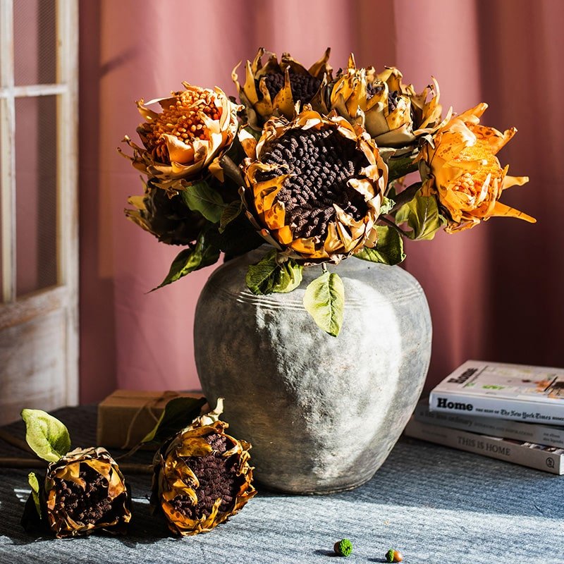 Artificial Flannel Sunflower Stem bouquet with orange petals in a gray ceramic vase RusticReach on Tampa Home & Garden Store