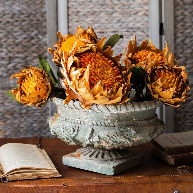 Artificial Flannel Sunflower Stems 5 orange blooms in aged urn RusticReach flowering plants on Tampa Home & Garden Store