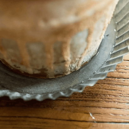 Rustic Fluted Metal Tray with corrugated edge resting on wood surface on Tampa Home & Garden Store
