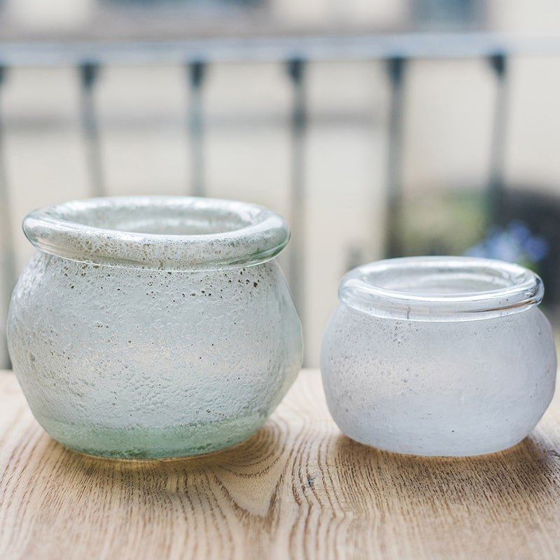Hand Blown Foggy Glass Vase with green base, plus frosted gray vase on Tampa Home & Garden Store