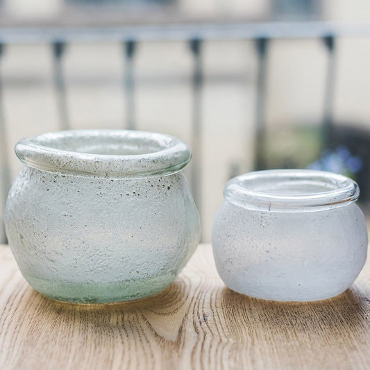 Hand Blown Foggy Glass Vase with green base, plus frosted gray vase on Tampa Home & Garden Store