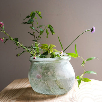 Hand blown glass foggy vase; frosted pale green finish with rounded bulbous shape on Tampa Home & Garden Store