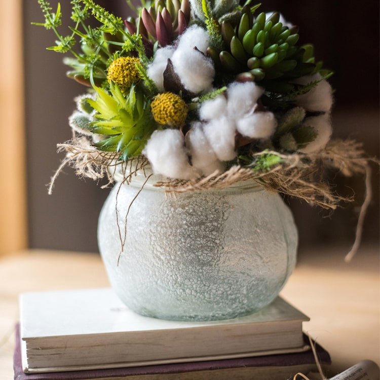 Hand Blown Foggy Glass Vase RusticReach with greenery, cotton accents and jute twine on books on Tampa Home & Garden Store