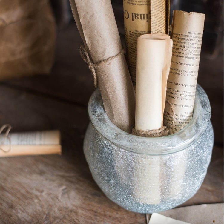 Hand Blown Glass Foggy Vase by RusticReach in frosted blue-gray glass with parchment scrolls on Tampa Home & Garden Store