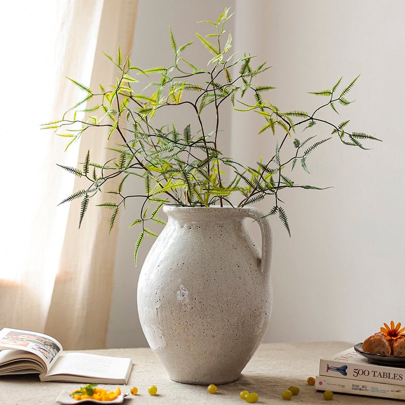 RusticReach artificial forked fern stem arranged in a speckled gray ceramic pitcher vase on Tampa Home & Garden Store