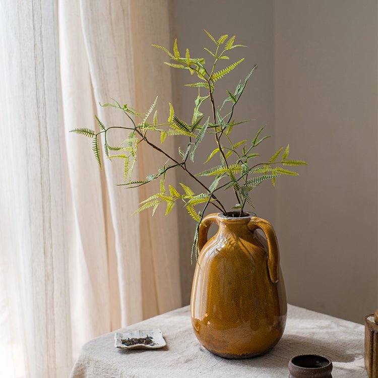 Artificial Faux Forked Fern Stem in a brown ceramic pitcher with green fronds by RusticReach on Tampa Home & Garden Store