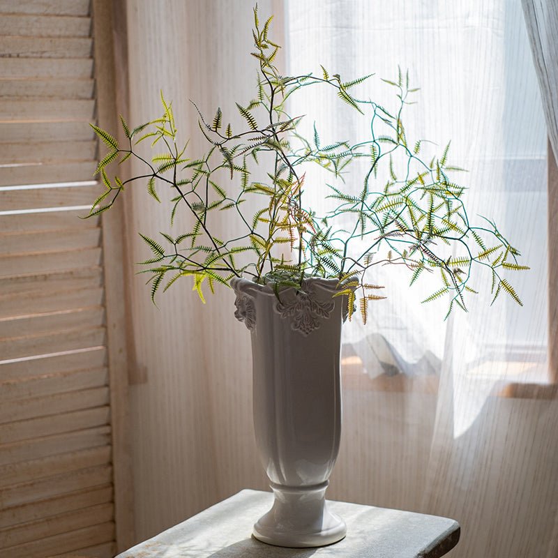 Artificial Forked Fern Stem by RusticReach in white ceramic vase with slender green fronds on Tampa Home & Garden Store