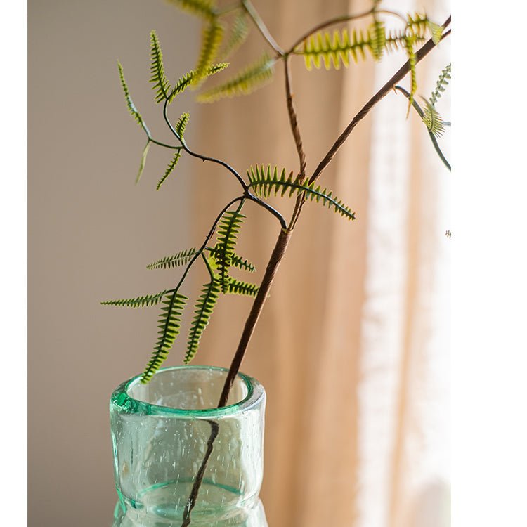 Artificial forked fern stem with green fronds RusticReach in a green glass vase on Tampa Home & Garden Store