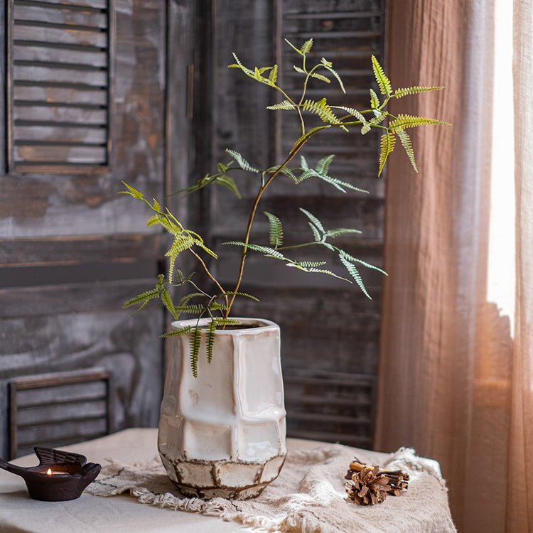 Artificial Faux Forked Fern Stem in a white geometric ceramic vase, RusticReach on Tampa Home & Garden Store