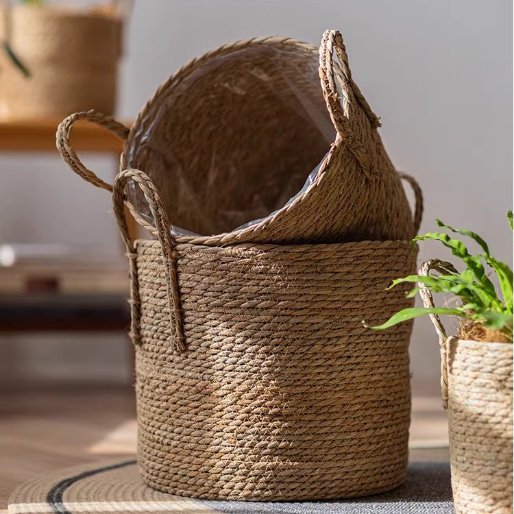 French Country Woven Planter Basket 2-pack by RusticReach, natural jute, braided handles on Tampa Home & Garden Store