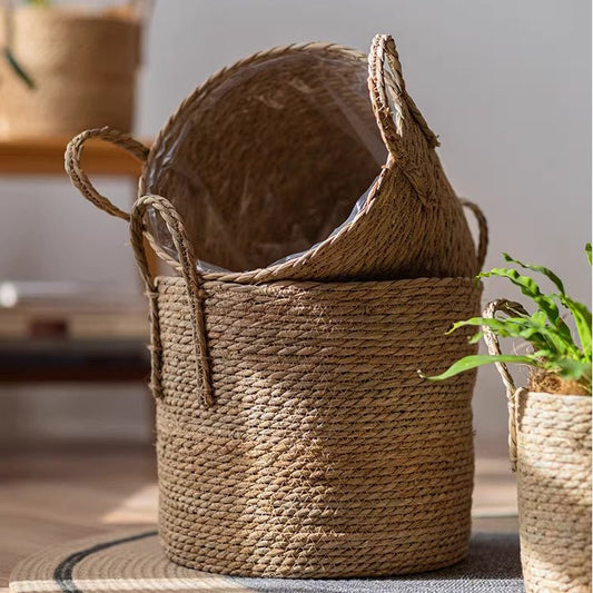 French Country Woven Planter Basket 2-pack by RusticReach, natural jute, braided handles on Tampa Home & Garden Store