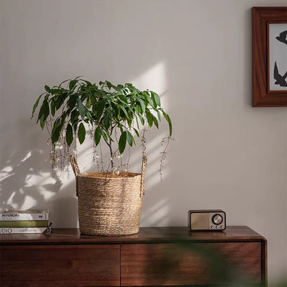 French Country Woven Planter Basket with lush green plant in natural jute on a wooden console on Tampa Home & Garden Store