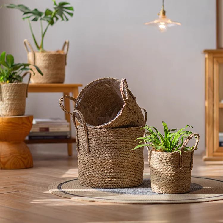 French Country Woven Planter Basket set by RusticReach, natural jute weave, 4 baskets on Tampa Home & Garden Store