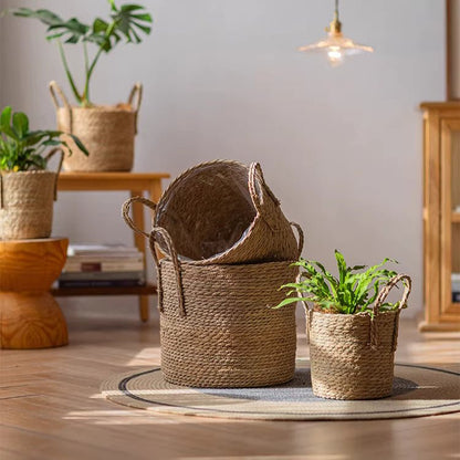 French Country Woven Planter Basket set by RusticReach, natural jute weave, 4 baskets on Tampa Home & Garden Store