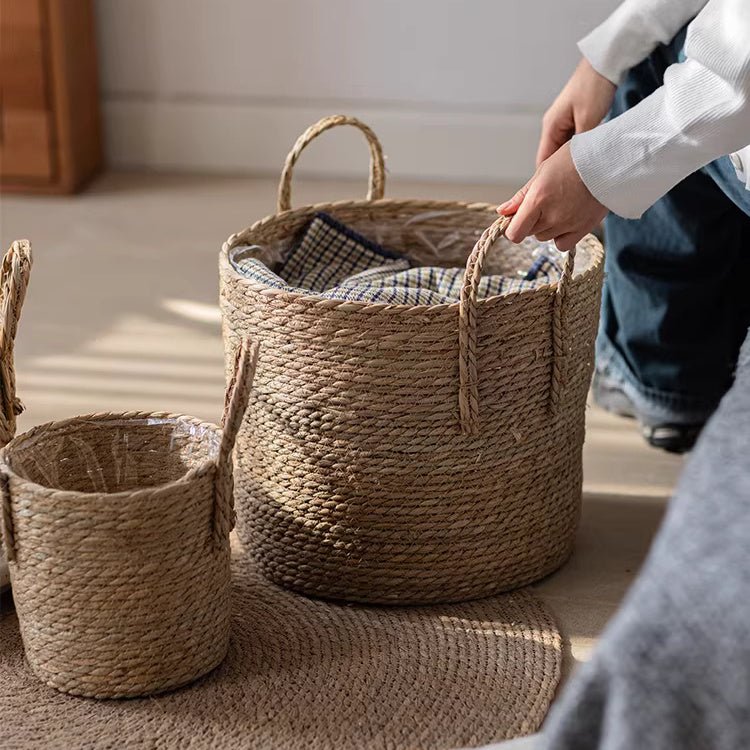 French Country Woven Planter Basket RusticReach pair in natural jute; blue lining on woven mat on Tampa Home & Garden Store