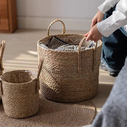 French Country Woven Planter Basket RusticReach pair in natural jute; blue lining on woven mat on Tampa Home & Garden Store