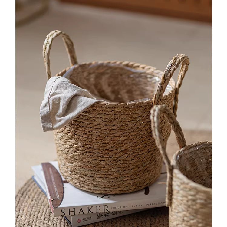 RusticReach French Country woven planter baskets with braided handles in natural straw on rug on Tampa Home & Garden Store