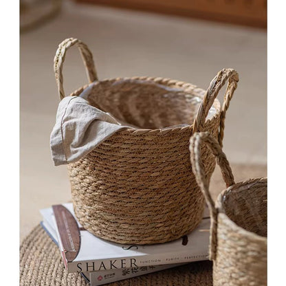 RusticReach French Country woven planter baskets with braided handles in natural straw on rug on Tampa Home & Garden Store