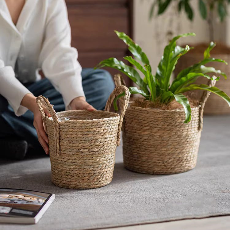 French Country Woven Planter Basket by RusticReach jute with handles two with a plant on Tampa Home & Garden Store