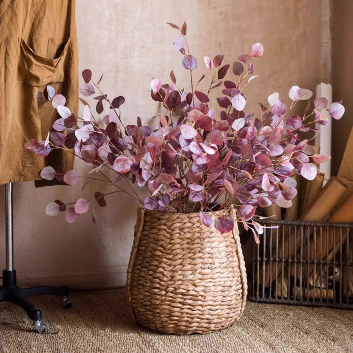 Golden Haze Eucalyptus Stem 37.7 inch tall in a woven basket RusticReach on Tampa Home & Garden Store