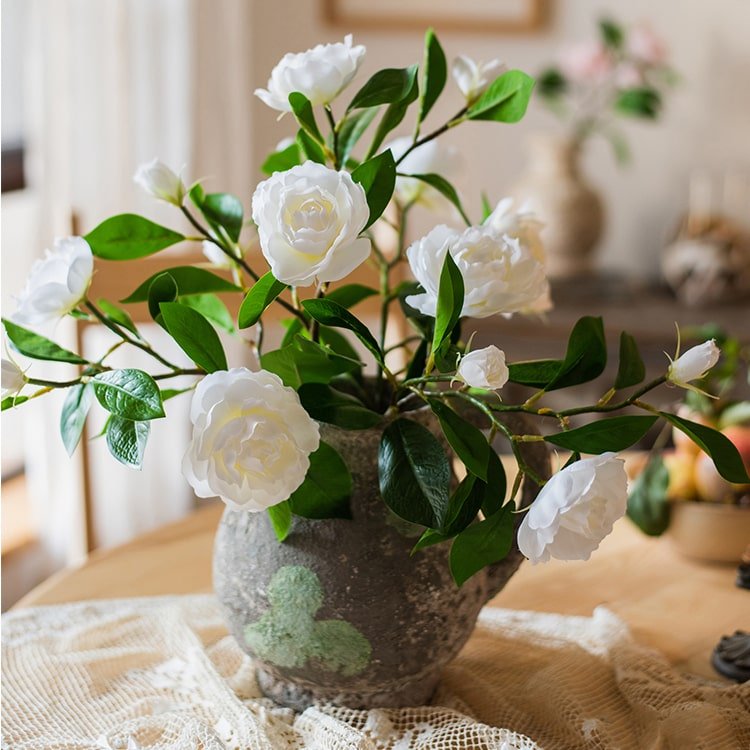 Faux Silk Gardenia Flower Stem 22in tall in rustic gray pot with leaves RusticReach plant on Tampa Home & Garden Store