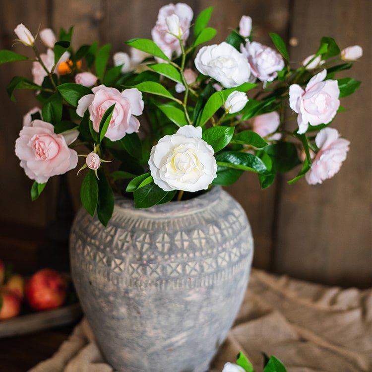 Faux Silk Gardenia Stem 22-inch Tall by RusticReach with pink and white blooms in a gray vase on Tampa Home & Garden Store