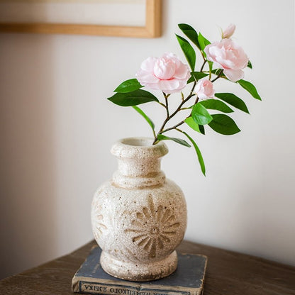 Faux Silk Gardenia Stem 22in tall in a rustic beige vase with pink blooms and green leaves RusticReach on Tampa Home & Garden Store