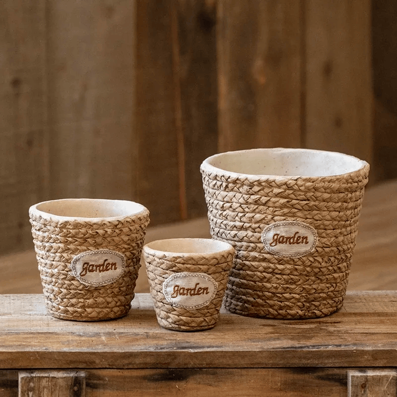 Garden Basket Cement Planter set of 3, woven natural fibers with garden patches by RusticReach on Tampa Home & Garden Store