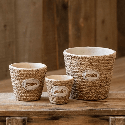 Garden Basket Cement Planter set of 3, woven natural fibers with garden patches by RusticReach on Tampa Home & Garden Store