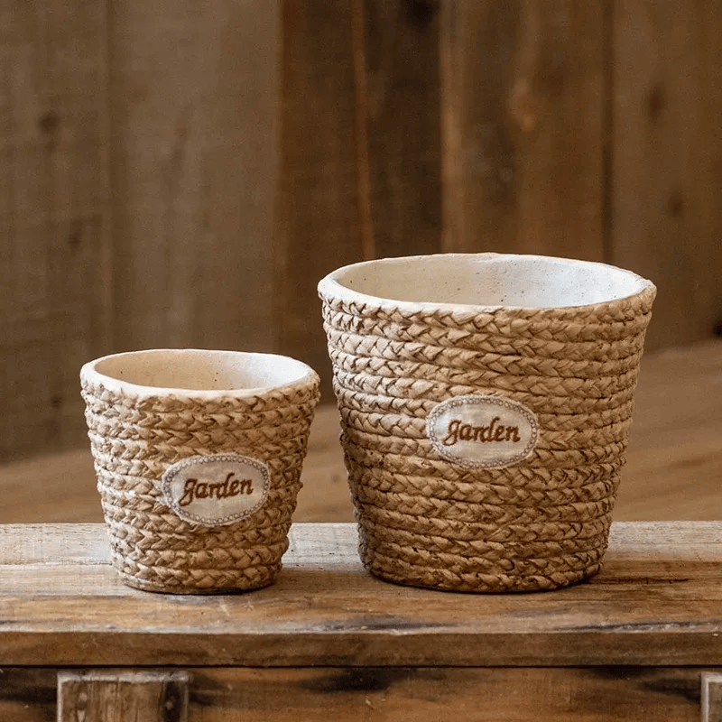 Garden Basket Cement Planter set of 2 with natural rope exterior and cement interior on Tampa Home & Garden Store
