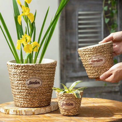 Garden basket planters set of three, natural woven jute with garden patches on Tampa Home & Garden Store