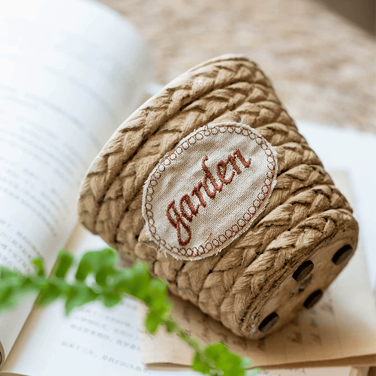 Garden Basket Cement Planter beige woven rope texture with circular stitched Garden patch on Tampa Home & Garden Store